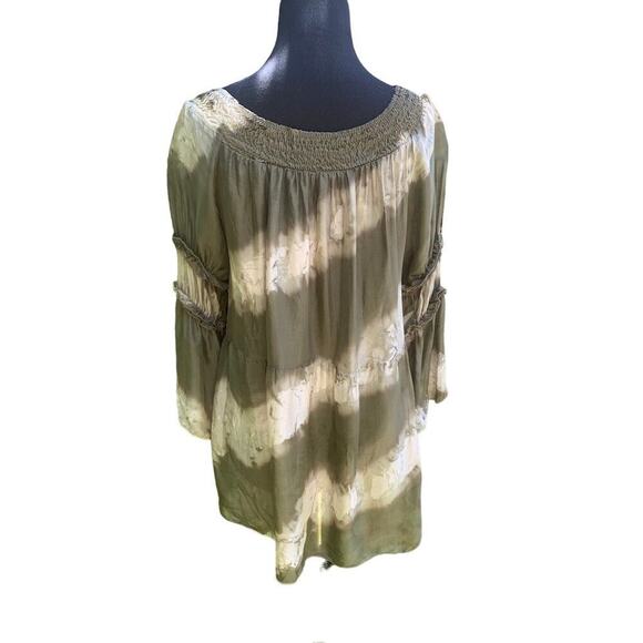 Tempo Paris Silk Olive Green Gathered Tie Dye Ruffle Boho Top S/M - Picture 5 of 8